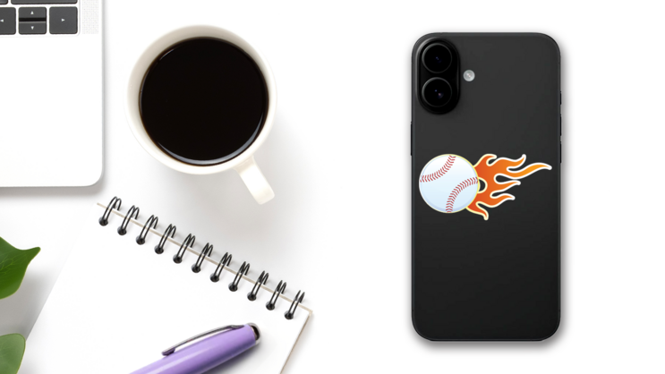 Baseball With Short Flames Sticker on a Phone (New) example