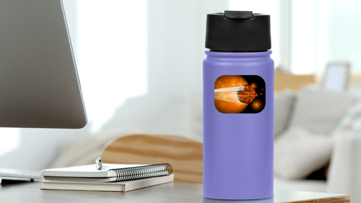 Basketball Ball Flying On The Shiny Background Sticker on a Water Bottle (New) example