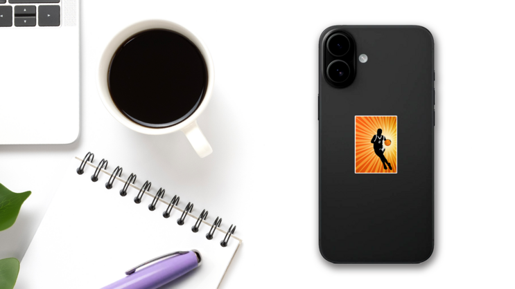 Basketball Player On The Abstract Orange Background Sticker on a Phone (New) example