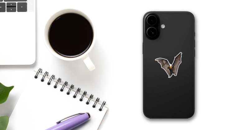 Bat Flying Upright Sticker on a Phone (New) example