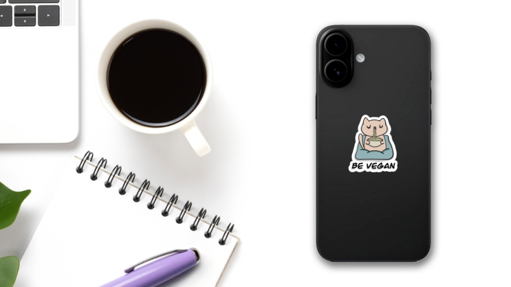 Be Vegan Cat Eating Ramen Sticker on a Phone (New) example