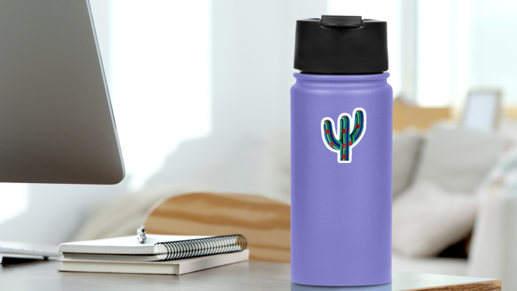 Beaded And Colorful Mexican Cactus Sticker on a Water Bottle (New) example
