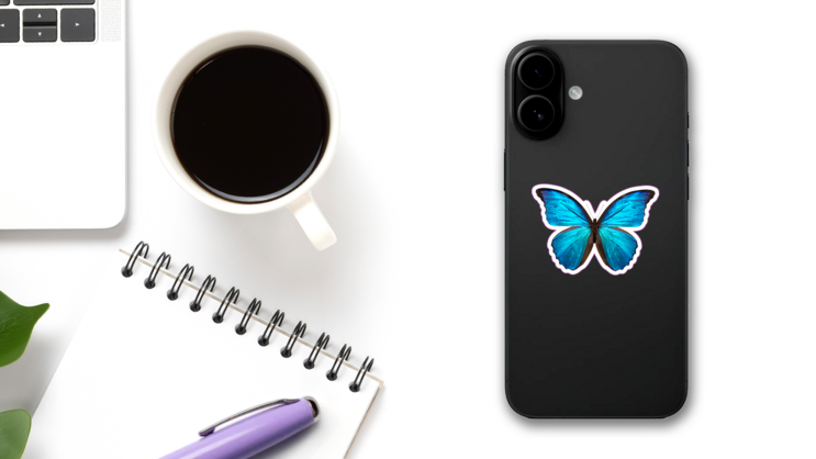 Beautiful Blue And Black Butterfly Sticker on a Phone (New) example
