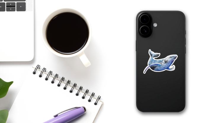 Beautiful Blue Whale Illustration Sticker on a Phone (New) example