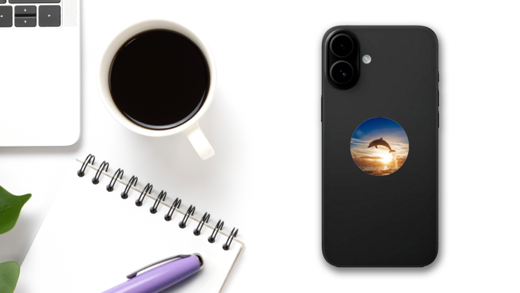 Beautiful Dolphin Leaping Sunset Sticker on a Phone (New) example