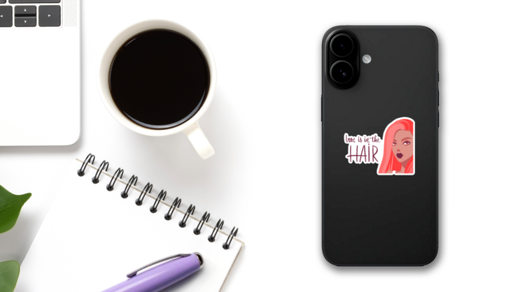 Beautiful Girl With Pink Hair Love Is In The Hair Sticker on a Phone (New) example