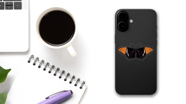 Beautiful Orange and Black Butterfly Sticker on a Phone (New) example