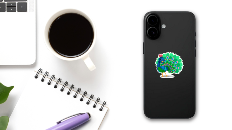 Beautiful Peacock Cartoon Sticker on a Phone (New) example