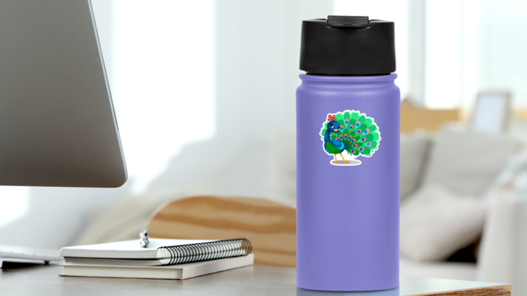 Beautiful Peacock Cartoon Sticker on a Water Bottle (New) example