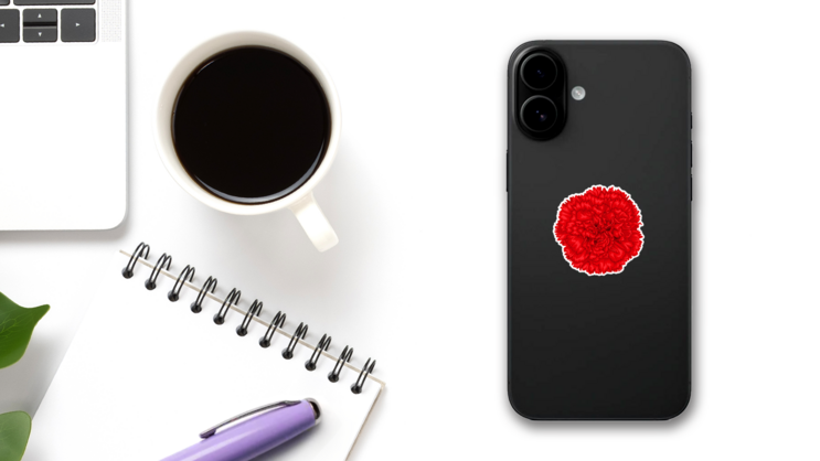 Beautiful Red Carnation Up Close Sticker on a Phone (New) example
