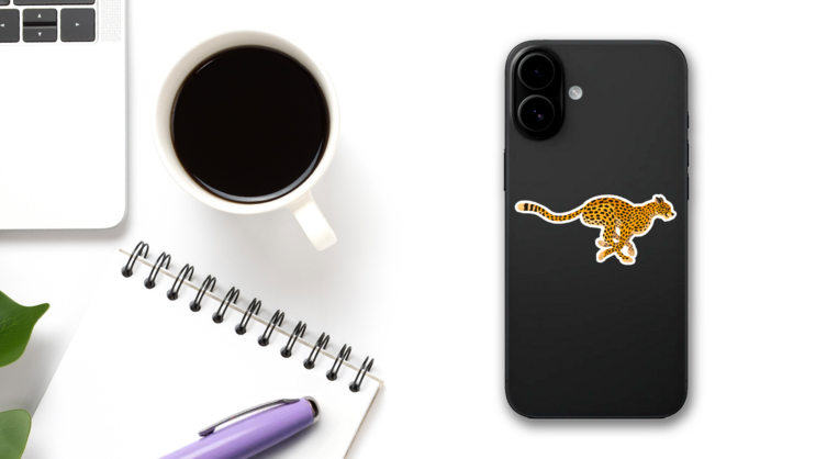 Beautiful Running Cheetah Big Wild Cat Sticker on a Phone (New) example