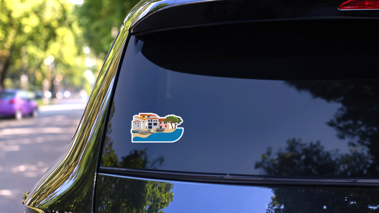 Beautiful Spanish Town On The Coast Sticker on a Rear Car Window (New) example