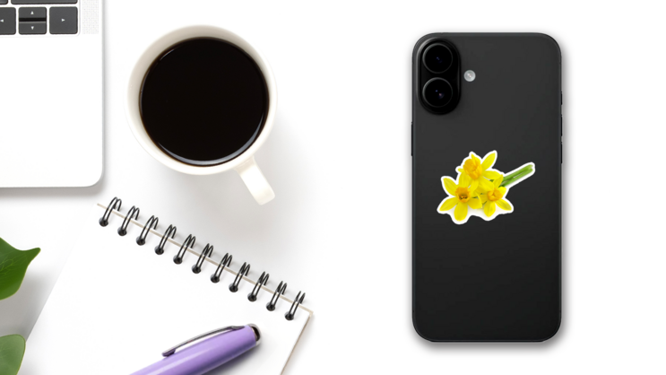 Beautiful Yellow Daffodils On Surface Sticker on a Phone (New) example