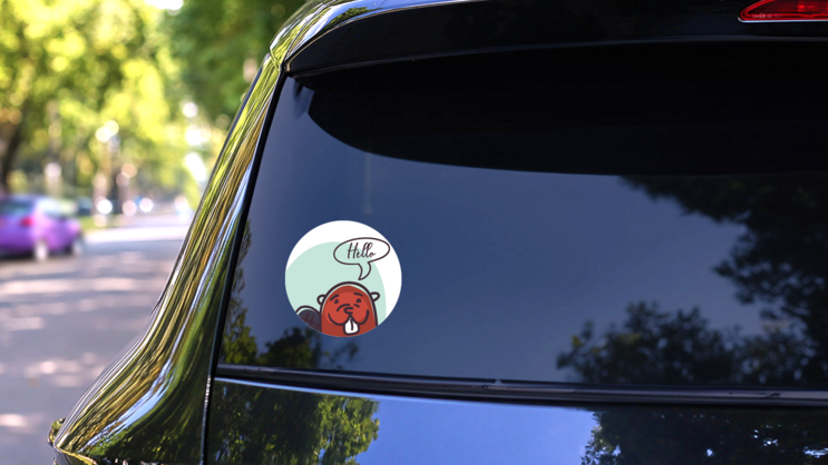 Beaver Cartoon With Hello Bubble Design Sticker on a Rear Car Window (New) example