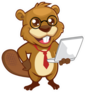 Beaver Mascot Cartoon In Tie Holding A Laptop Sticker