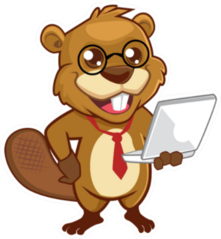 Beaver Mascot Cartoon In Tie Holding A Laptop Sticker