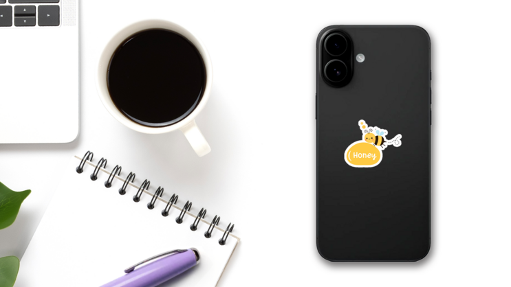 Bee Cartoon With Honey Drop Lettering Sticker on a Phone (New) example