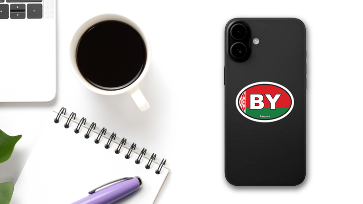 Belarus BY Flag Oval Sticker on a Phone (New) example