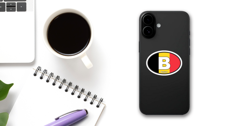 Belgium B Flag Oval Sticker on a Phone (New) example