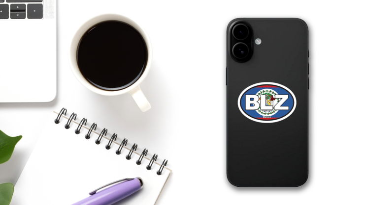 Belize Blz Flag Oval Sticker on a Phone (New) example