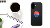 Biden Harris Stars and Stripes Circle Sticker on a Phone (New) example