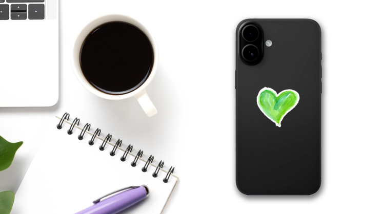 Big Bright Green Heart Watercolor Sticker on a Phone (New) example