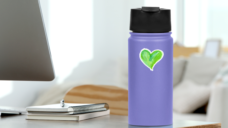 Big Bright Green Heart Watercolor Sticker on a Water Bottle (New) example