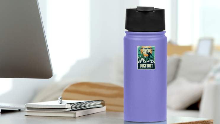 Bigfoot Spirit Poster Sticker on a Water Bottle (New) example