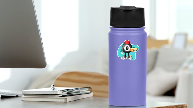 Billiard Ball Number Pizza Delivery Cartoon Sticker on a Water Bottle (New) example