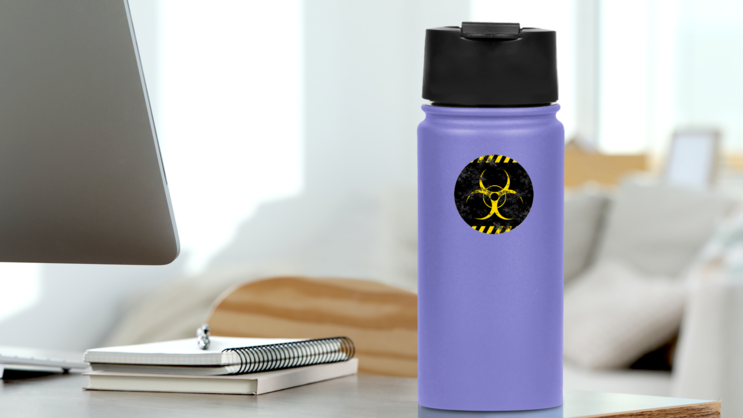 Biohazard Symbol Contamination Epidemic Stylized Grunge Sticker on a Water Bottle (New) example