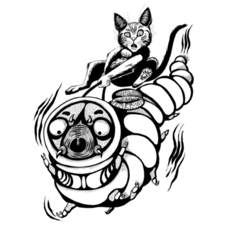 Black And White Cat And Caterpillar Illustration Sticker