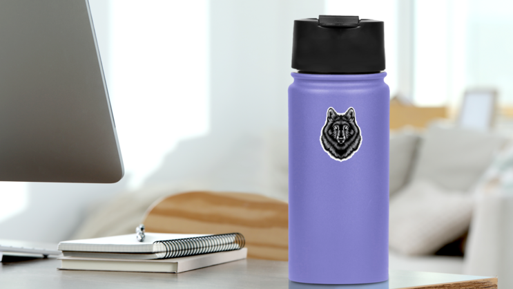Black and White Wolf Illustration Sticker on a Water Bottle (New) example