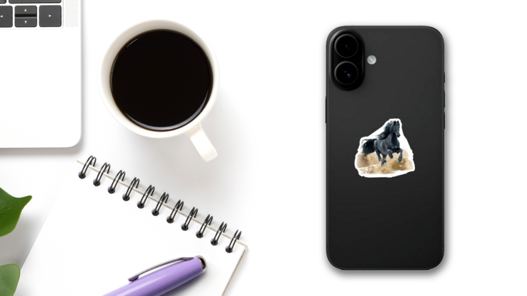 Black Friesian Horse Running In Desert Sticker on a Phone (New) example