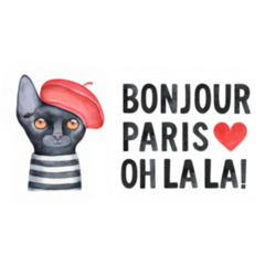 Black Kitten Wearing French Beret Bonjour, Paris, Oh La La Sticker