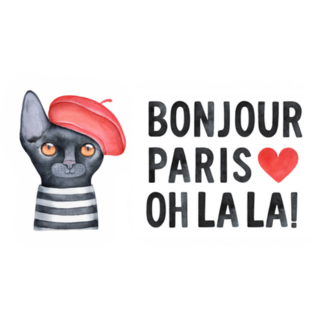 Black Kitten Wearing French Beret Bonjour, Paris, Oh La La Sticker