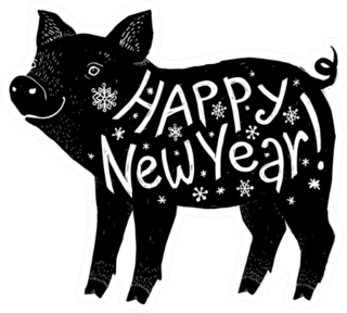 Black Pig Silhouette With White Happy New Year Lettering Sticker