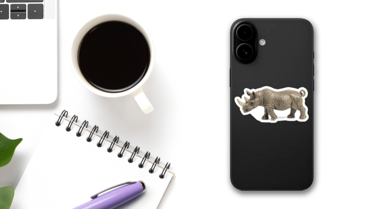 Black Rhino On White Background Sticker on a Phone (New) example