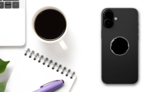 Black Round Button Shape Sticker on a Phone (New) example