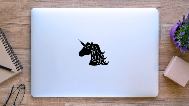 Black Silhouette Unicorn Fairy Tale Creature Sticker on a Laptop (New) example