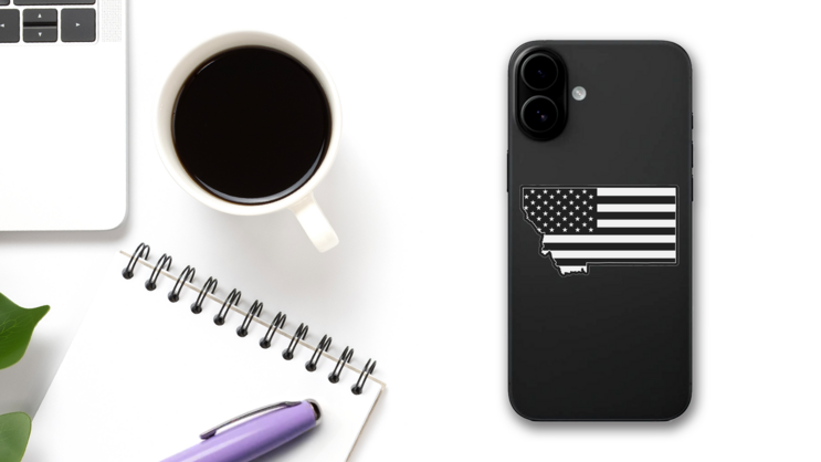 Black USA Flag Montana Sticker on a Phone (New) example