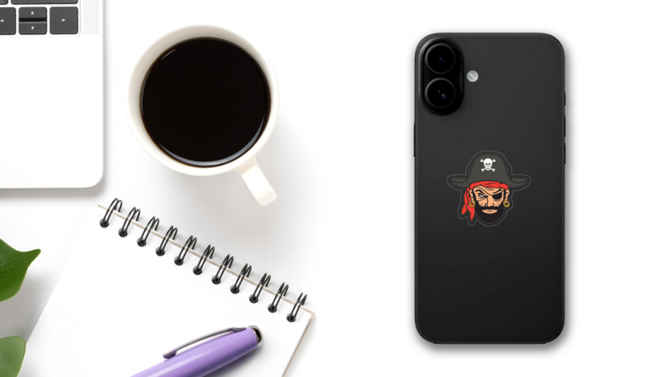 Blackbeard Pirate Mascot Sticker on a Phone (New) example