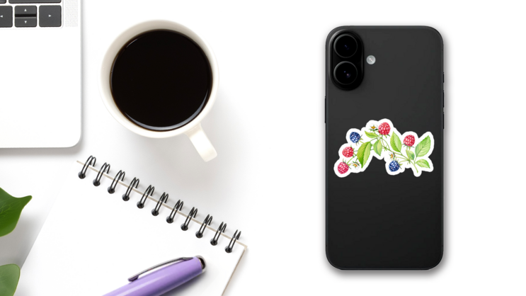 Blooming Raspberry Blackberry Branch Sticker on a Phone (New) example