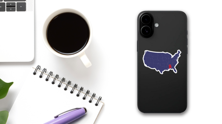 Blue Alabama State Illustration Sticker on a Phone (New) example