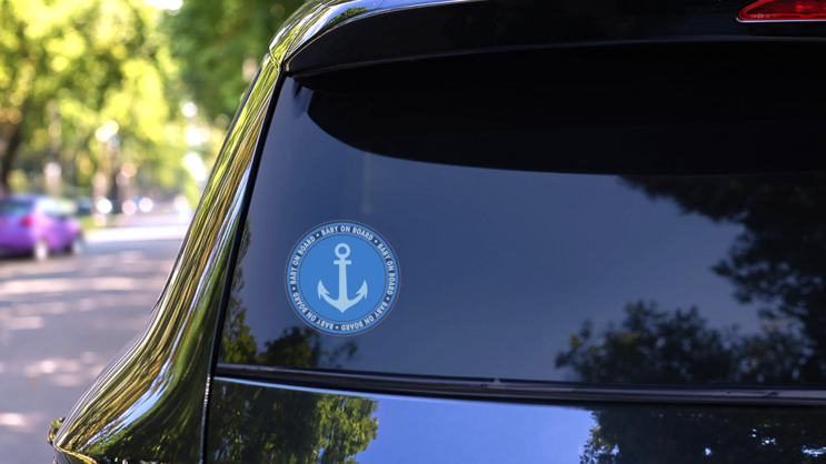 Blue Anchor Baby on Board Sticker on a Rear Car Window (New) example