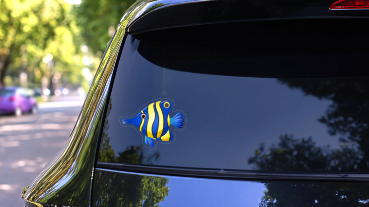 Blue and Yellow Striped Fish Sticker on a Rear Car Window (New) example