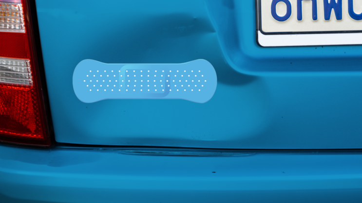 Blue Band Aid Bandage Sticker on a Dented Car example