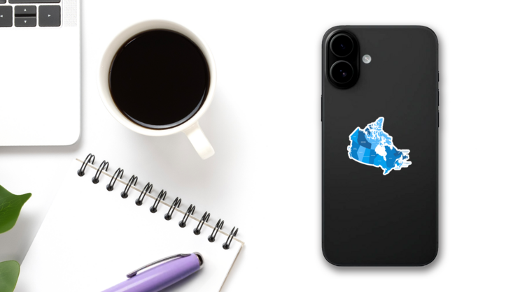 Blue Canada Regions Map Sticker on a Phone (New) example