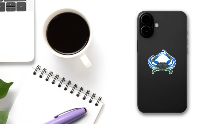 Blue Crab Illustration Sticker on a Phone (New) example