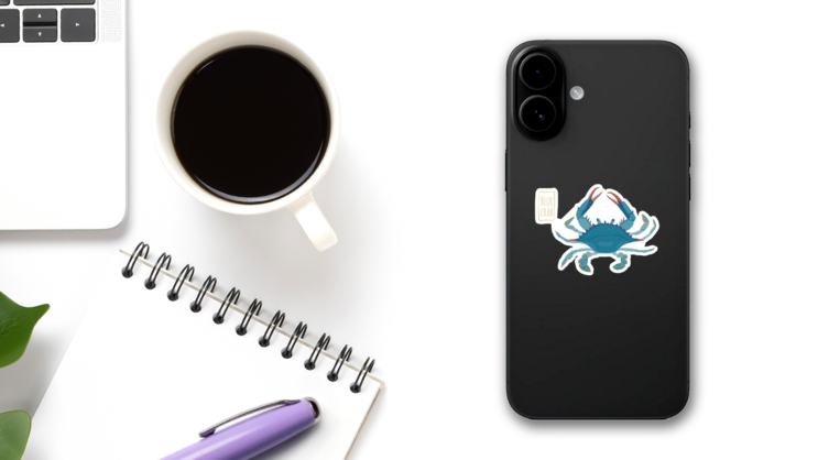 Blue Crab Illustration With Lettering Sticker on a Phone (New) example