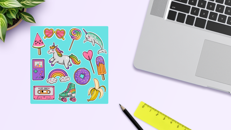 Blue Fantasy Sticker Sheet on a Desk (New) example